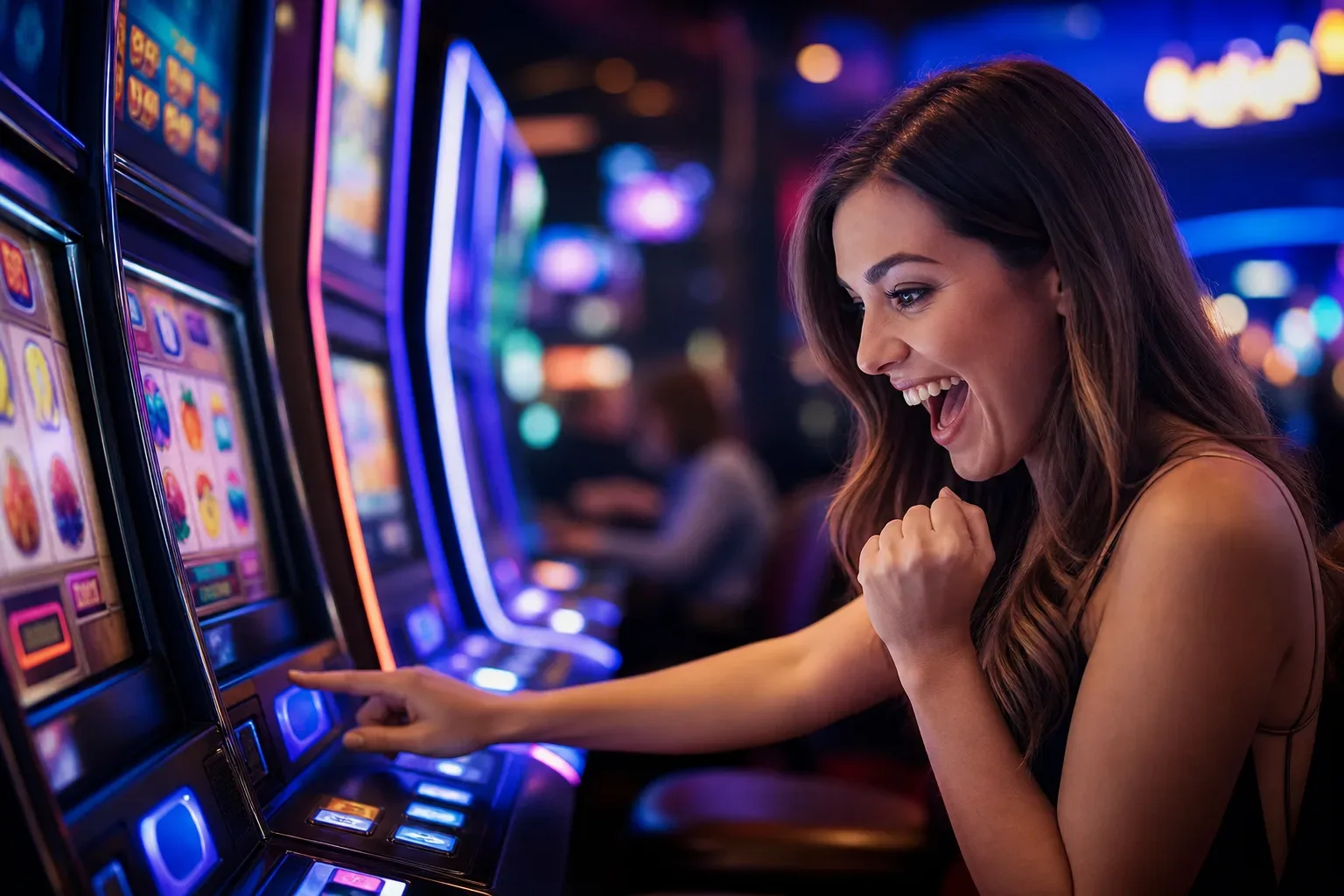 A person laughing excitedly whilst touching the screen of a slot machine in a colourfully lit casino.
