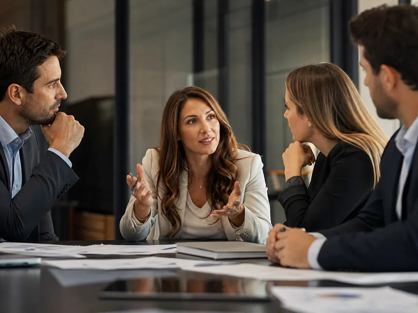 Four colleagues in business attire sit around a table having a focused discussion, with one person gesturing whilst others listen.