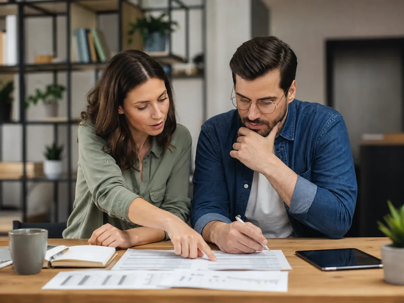 Two people sit at a wooden desk reviewing and pointing at documents, with shelves and plants visible behind them.