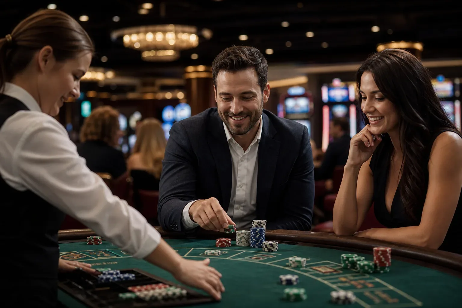 Two people smile at a casino table with chips while a dealer tends to the green felt surface.