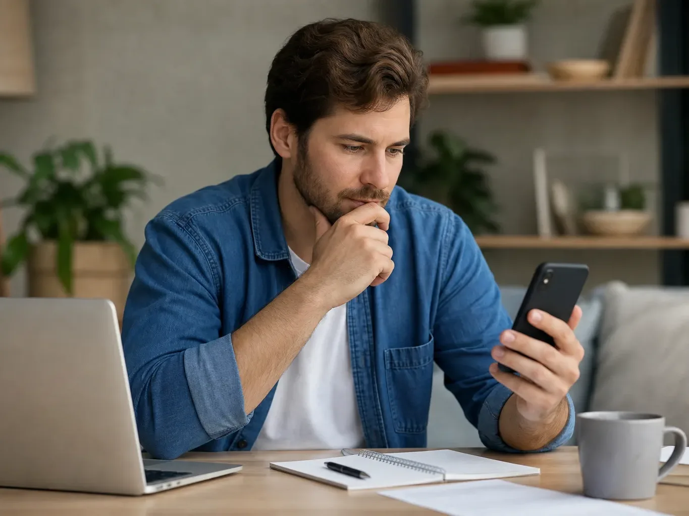A person sits at a desk looking thoughtfully at a smartphone, with a laptop, notepad, and mug nearby.