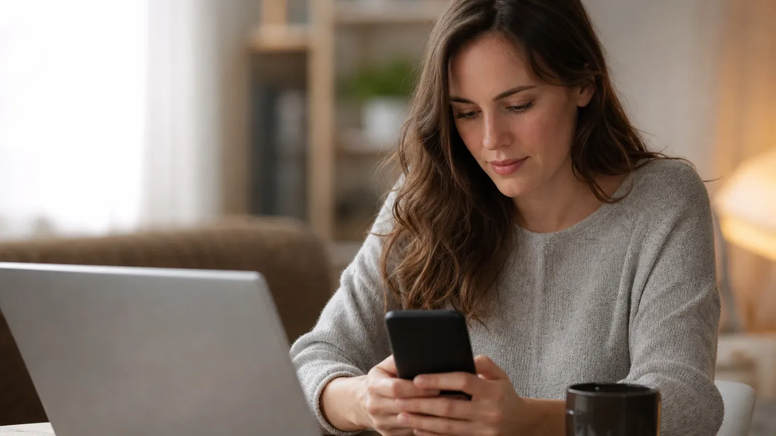 A person sits at a desk looking at a smartphone beside an open laptop and a dark mug, in a home setting.