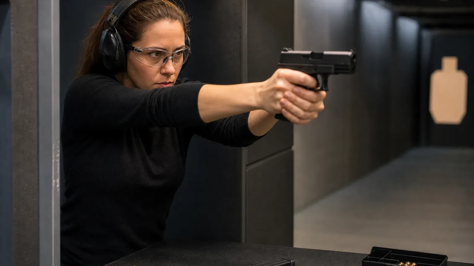 A person wearing ear defenders and safety glasses aims a pistol at a target in an indoor shooting range.