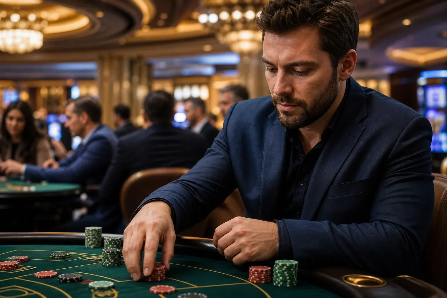 A person in a navy suit arranges casino chips on a green felt table inside a busy casino.