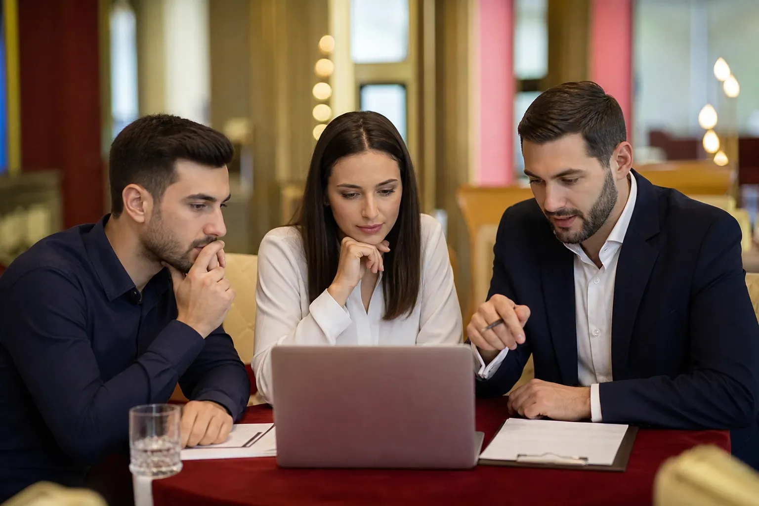 Three colleagues gathered around a laptop on a red table in an elegant room, engaged in discussion.