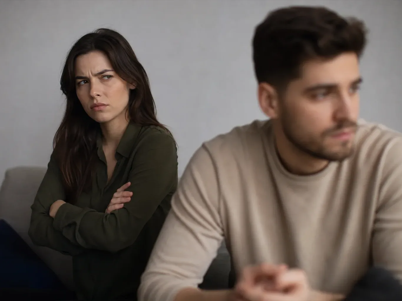 Two people sit apart on a sofa, one with arms crossed glaring sideways, the other looking away with hands clasped.