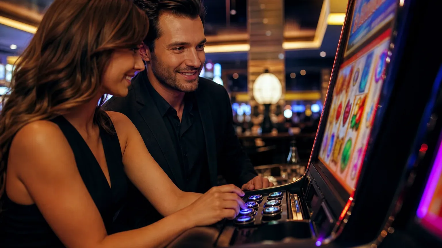 Two people smile whilst playing a slot machine together in a dimly lit casino.