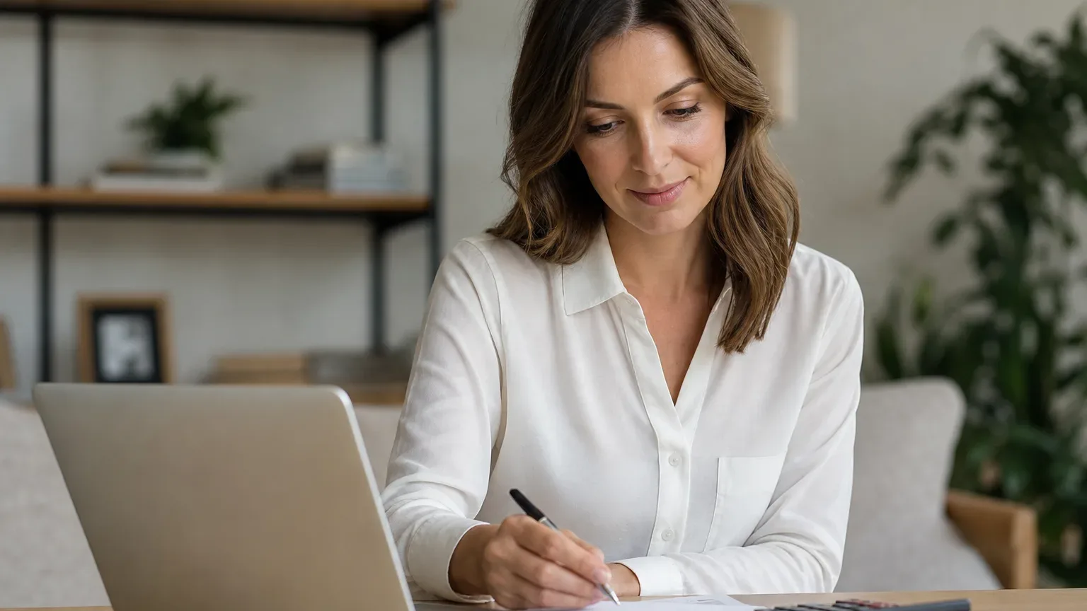 A person in a white shirt writes notes at a desk with a laptop and calculator in a home setting.