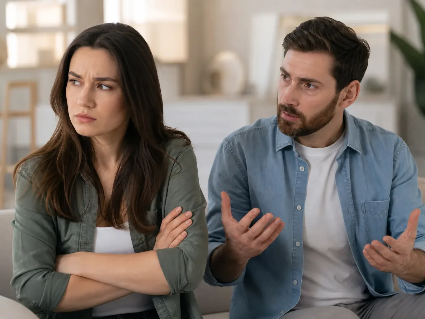 Two people sit on a sofa; one gestures with open hands whilst the other sits with arms folded, looking away.