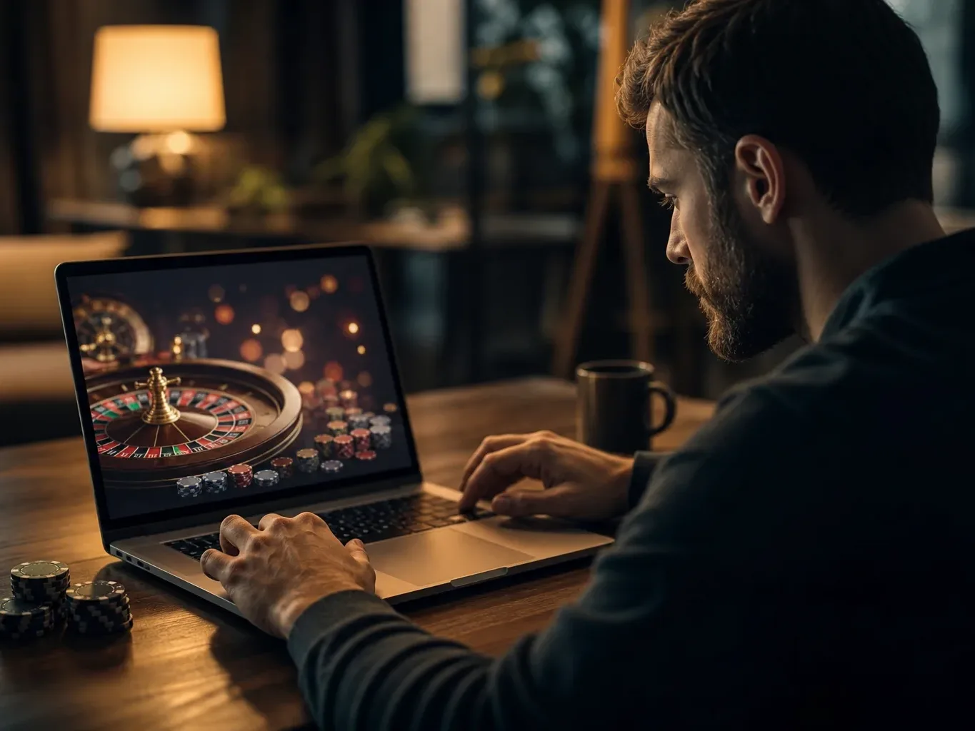 A person sits at a wooden desk using a laptop displaying a roulette wheel, with poker chips nearby.