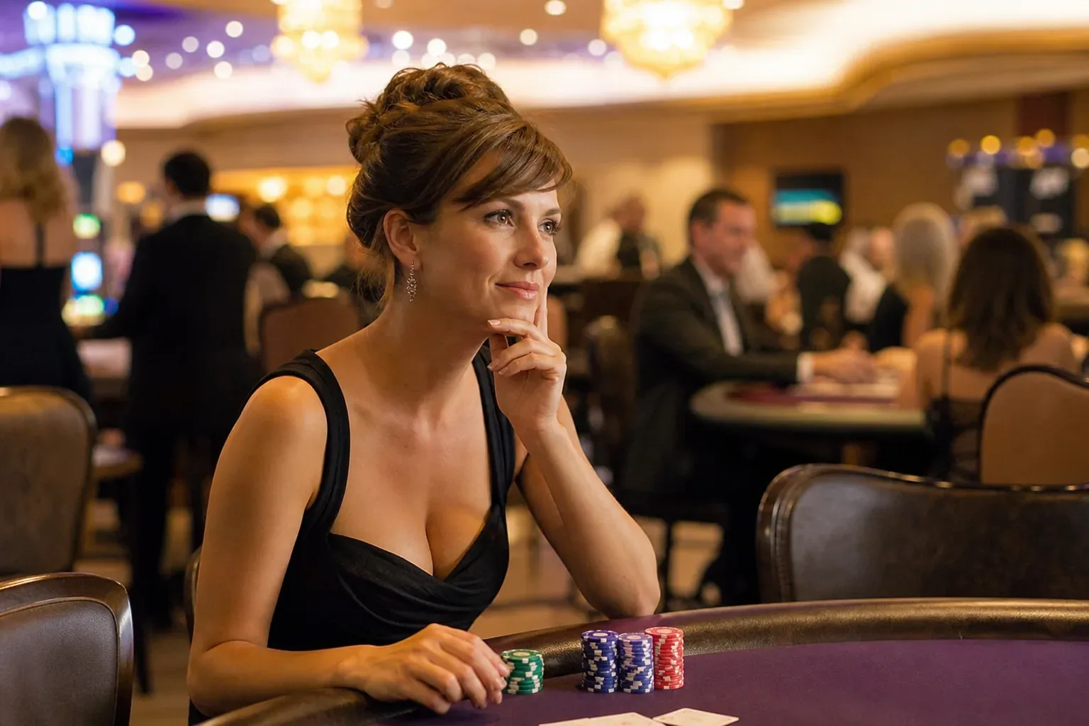 A person in a black dress sits at a casino card table with poker chips, looking thoughtfully to one side.