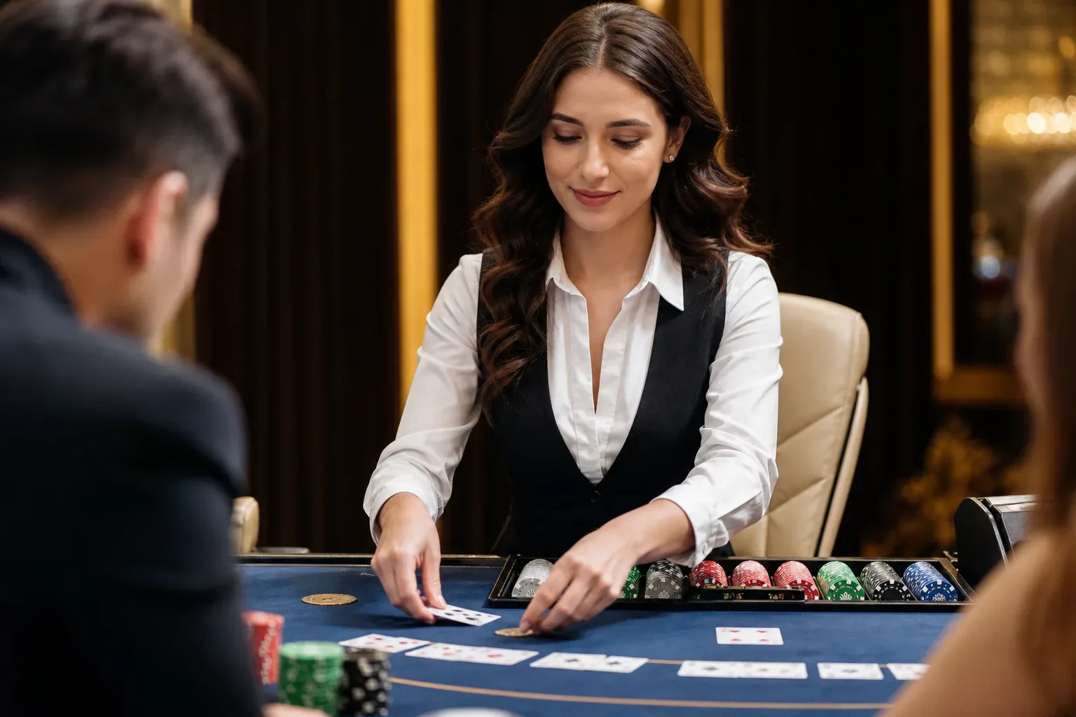 A casino dealer places cards on a blue felt table surrounded by coloured chips and players.
