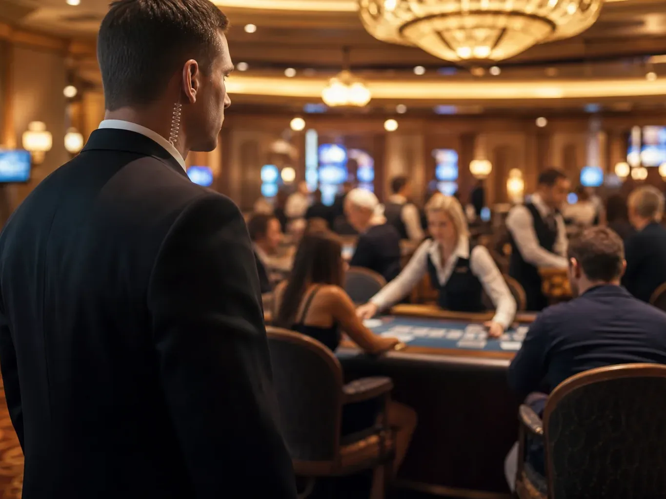 A security guard in a dark suit with an earpiece oversees a busy casino floor with card tables and dealers.
