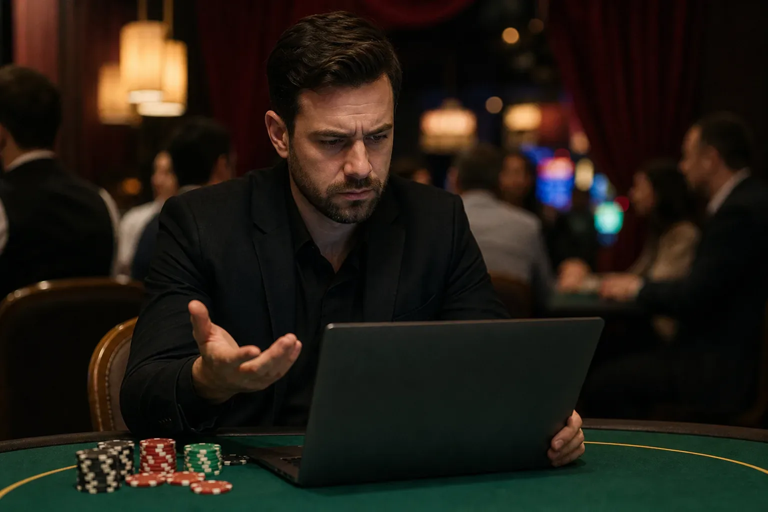 A person in a black suit sits at a casino poker table with chips, looking frustrated at an open laptop.