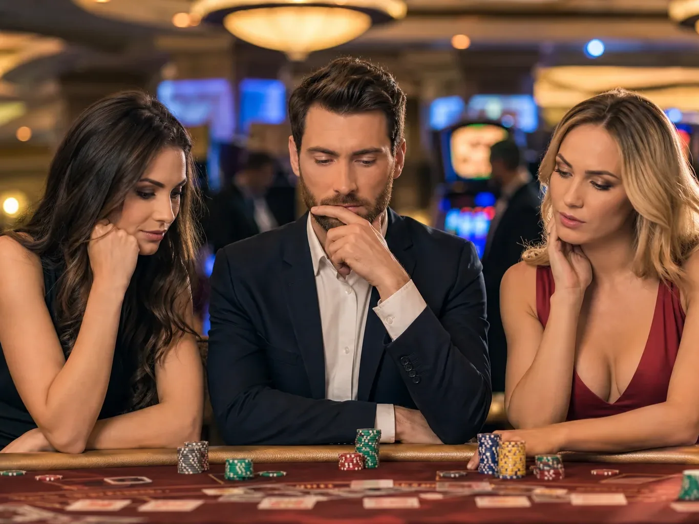 Three people sit at a casino table with stacks of chips, looking thoughtfully at the cards in front of them.