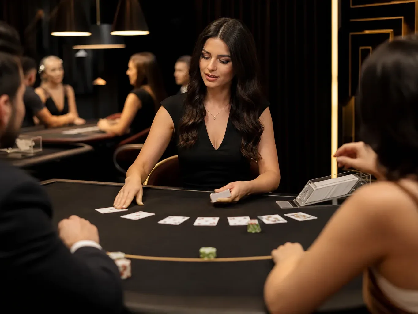 A dealer in a black dress deals cards at a casino table to two seated players in a dimly lit room.