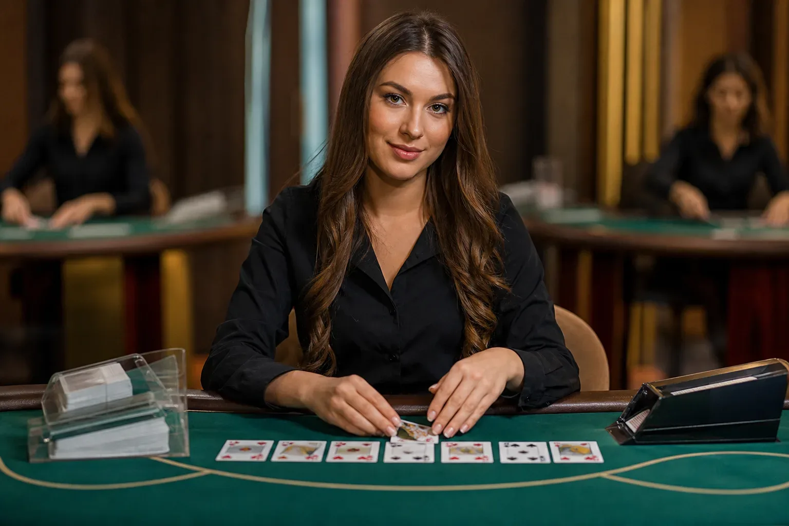 A casino dealer in a black shirt spreads playing cards across a green felt table, smiling at the camera.