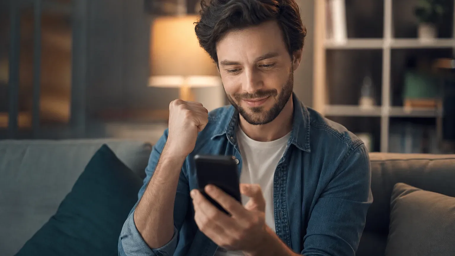 A person sitting on a sofa, smiling at a smartphone whilst making a celebratory fist gesture, in a warmly lit living room.
