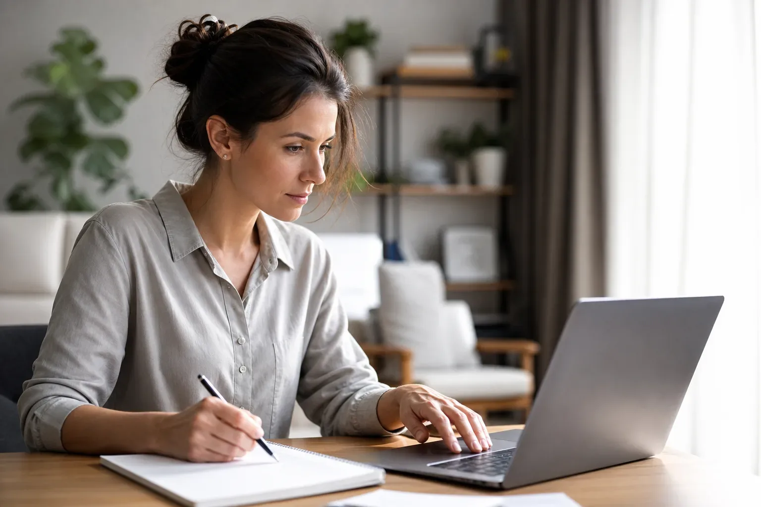 A person sits at a wooden desk, writing in a notebook whilst using a laptop, in a modern living room.