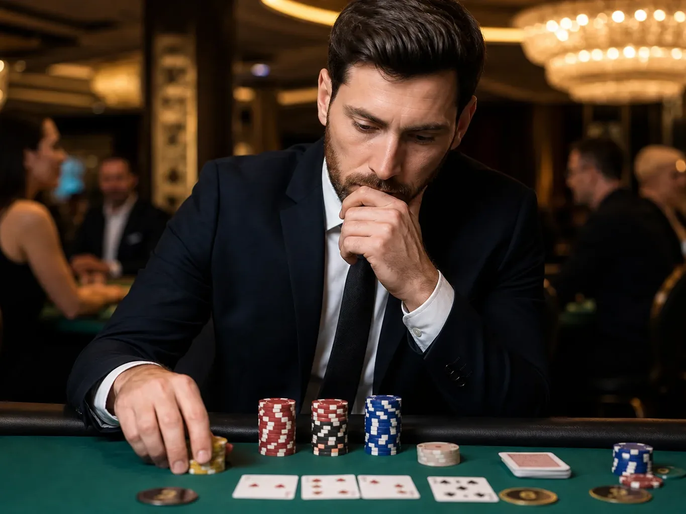 A suited person pensively considers their next move at a casino card table surrounded by stacked poker chips.