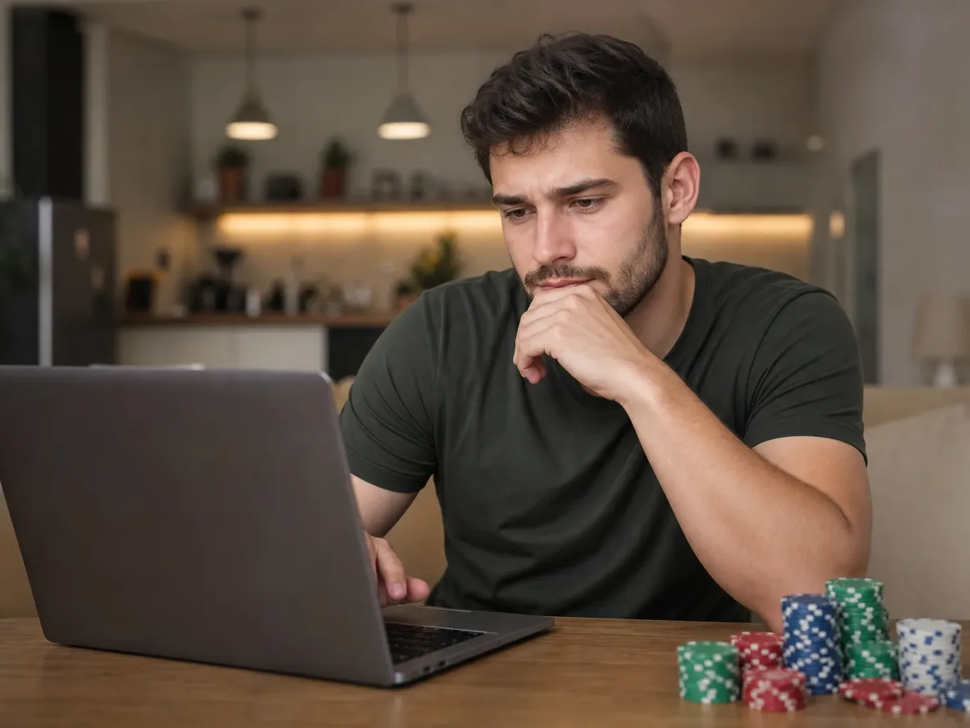 A person sits at a home table, looking intently at a laptop, with stacks of poker chips nearby.