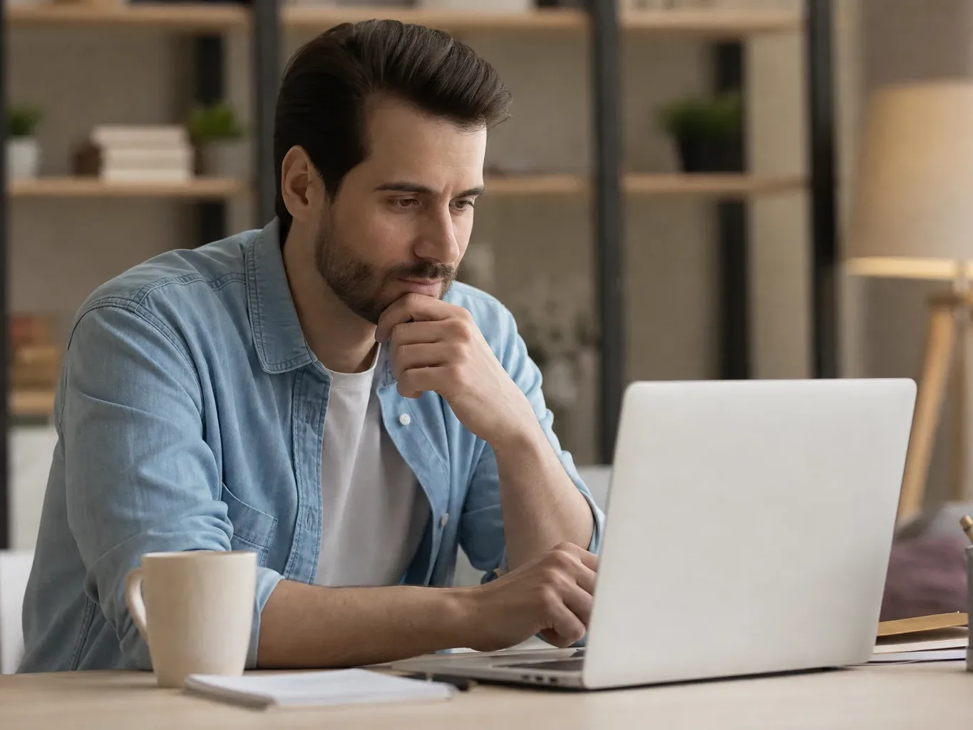 A person sitting at a desk, resting their chin on their hand whilst looking at a laptop, with a mug nearby.