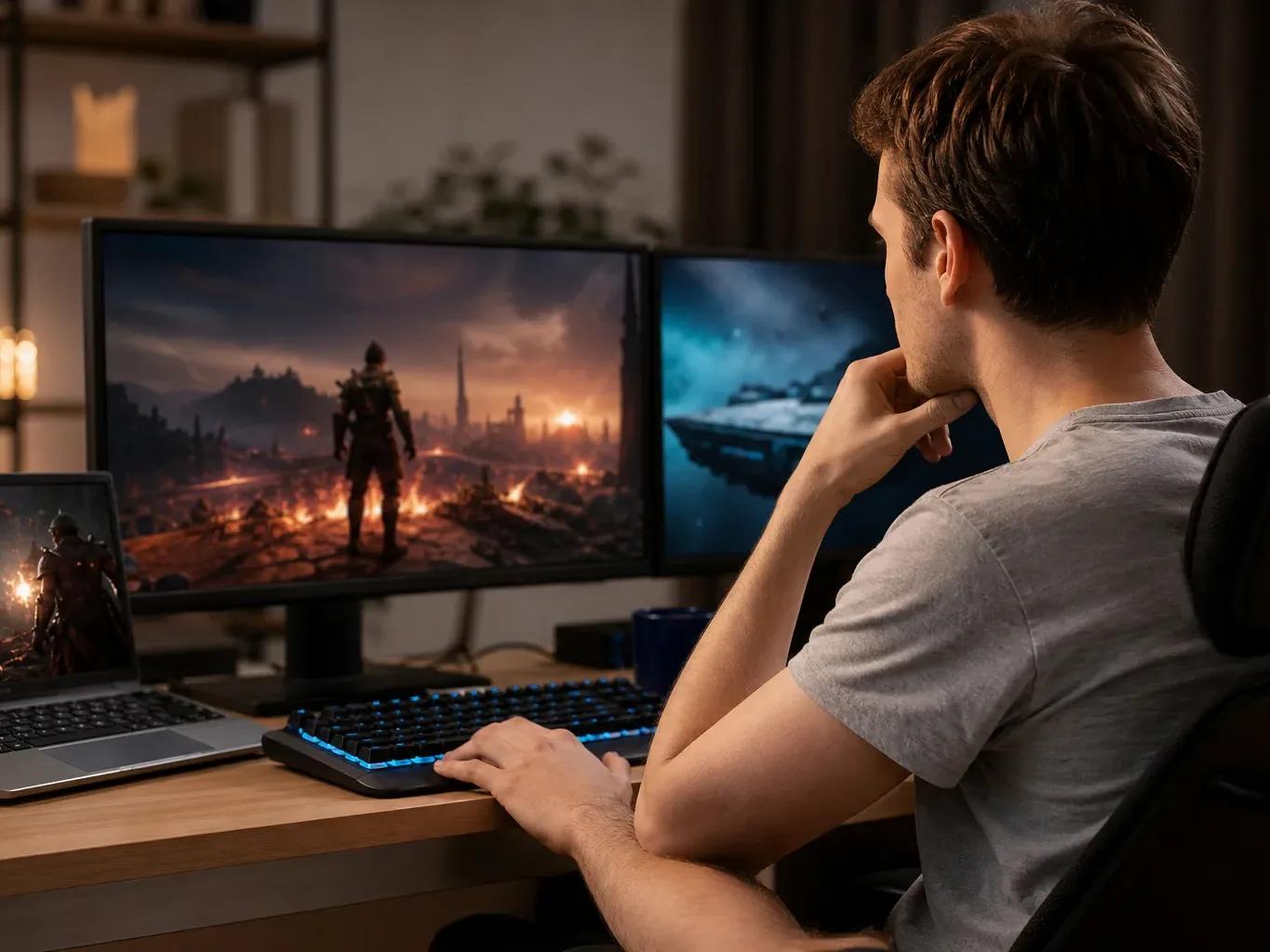 A person sits at a desk playing a video game on dual monitors, with a laptop also open beside them.