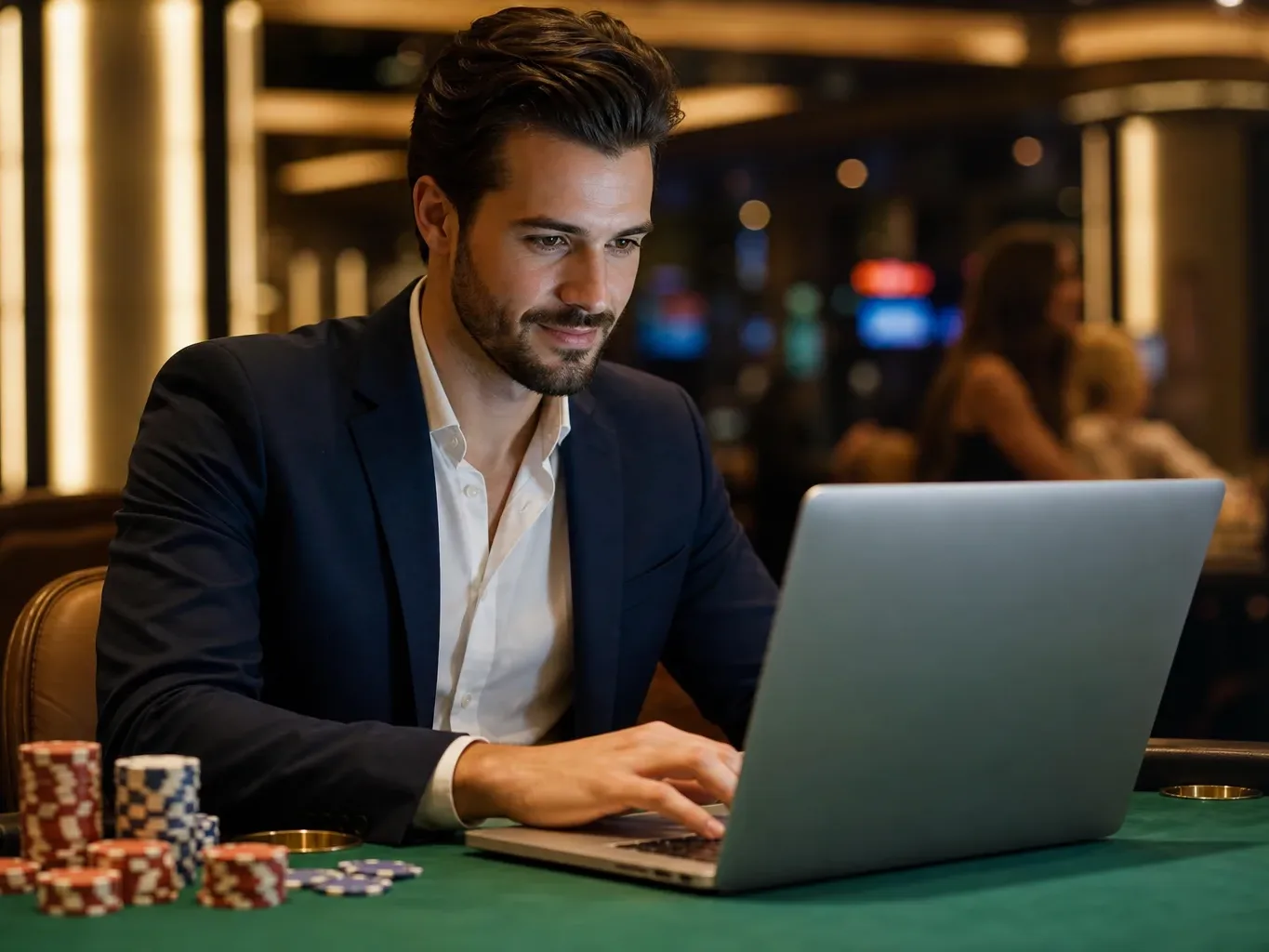 A person in a suit uses a laptop at a casino table with stacks of poker chips nearby.