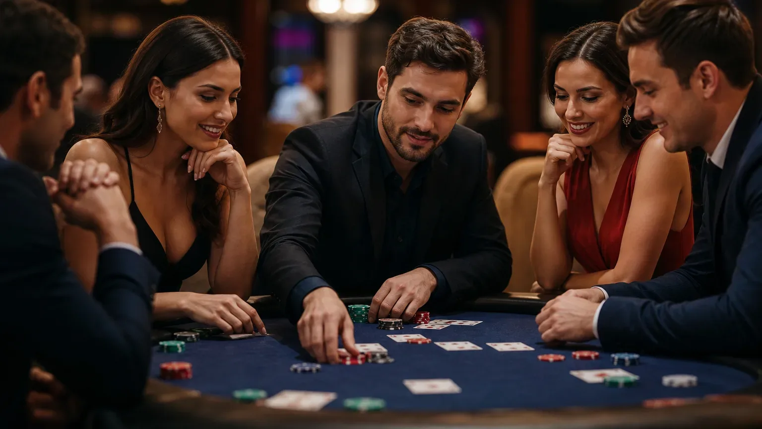Several elegantly dressed people gathered around a blue casino card table, playing poker with chips and cards.