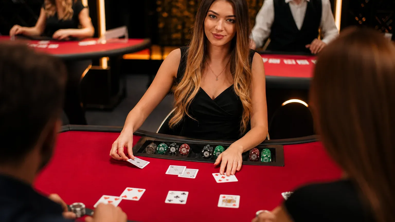 A dealer in a black dress deals cards at a red casino table, with chips and players visible.