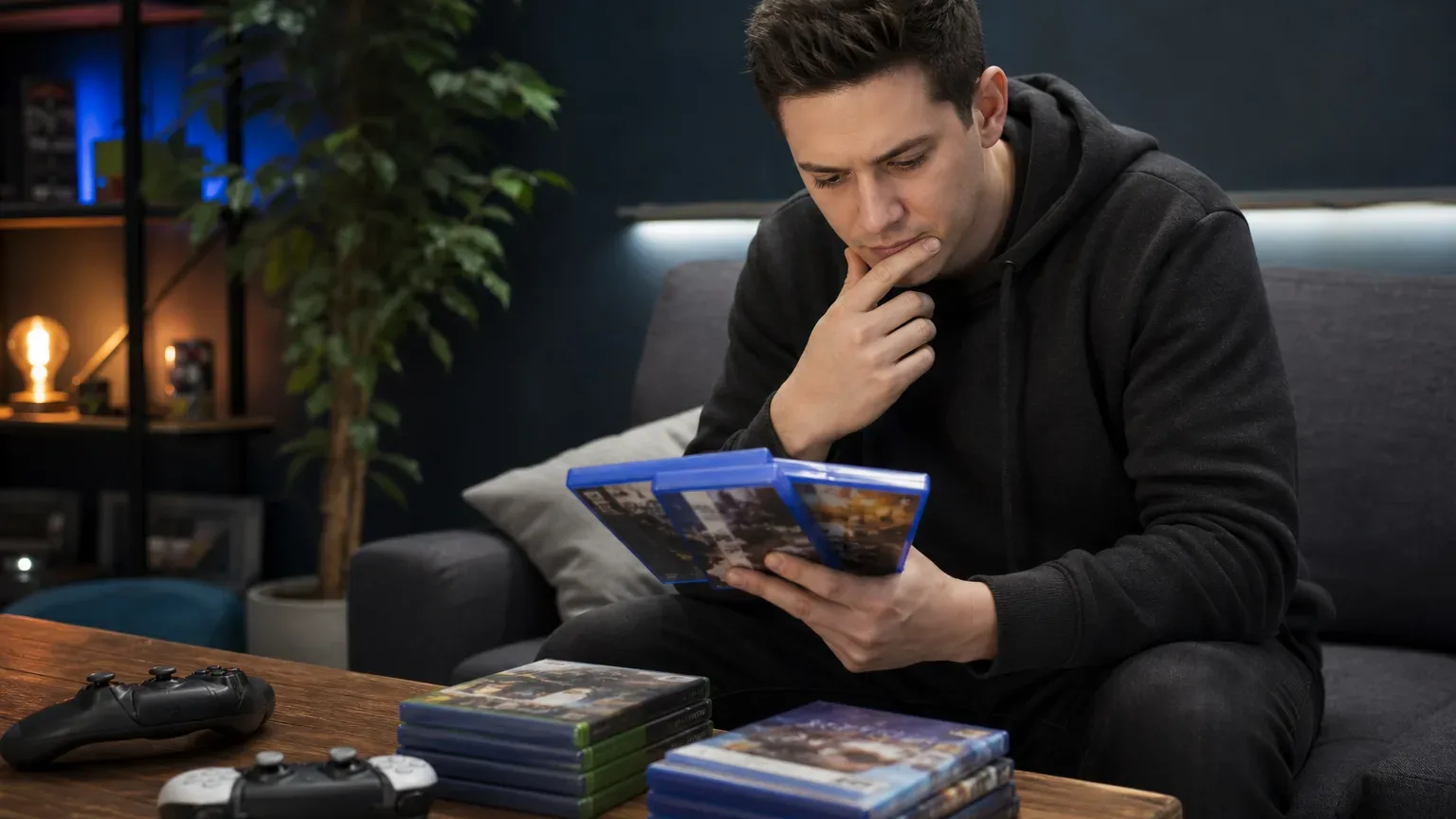 A person sits on a sofa thoughtfully examining video game cases, with controllers and more cases on a coffee table nearby.