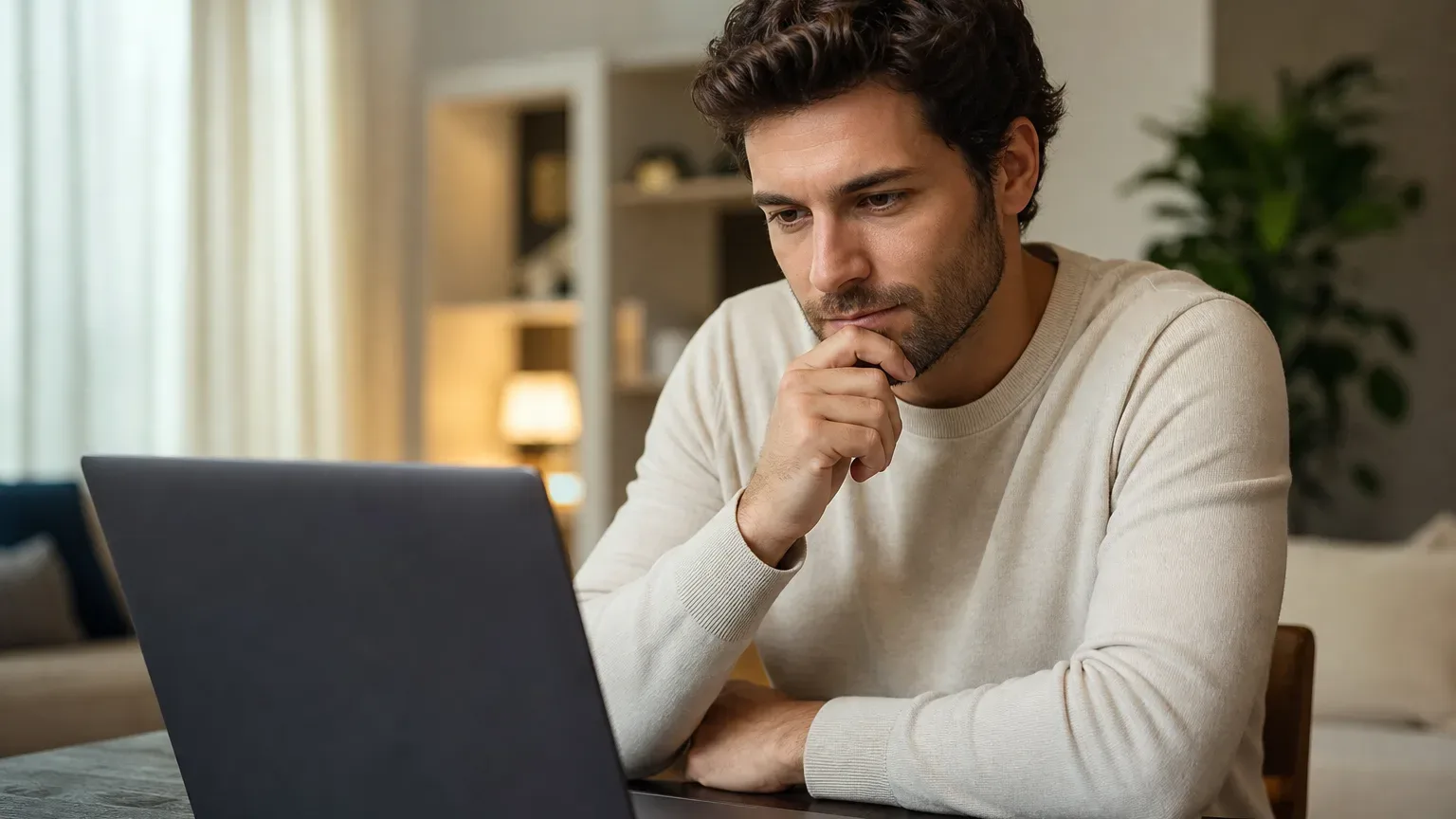 A person in a cream jumper sits at a table, resting their chin on their hands whilst looking at a laptop in a dimly lit home.