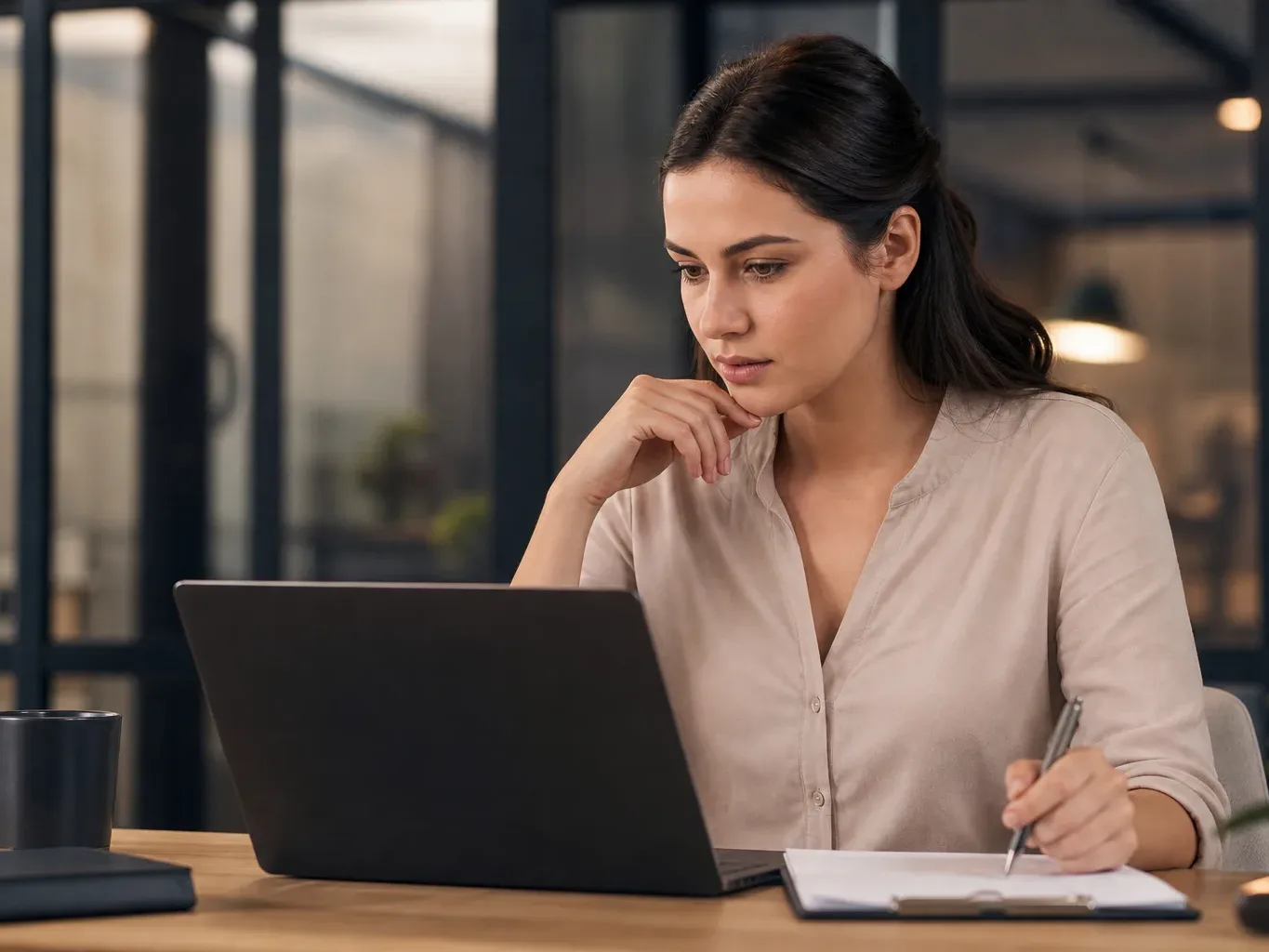 A person sits at a desk, focused on a laptop whilst holding a pen over a notepad, with a mug nearby.