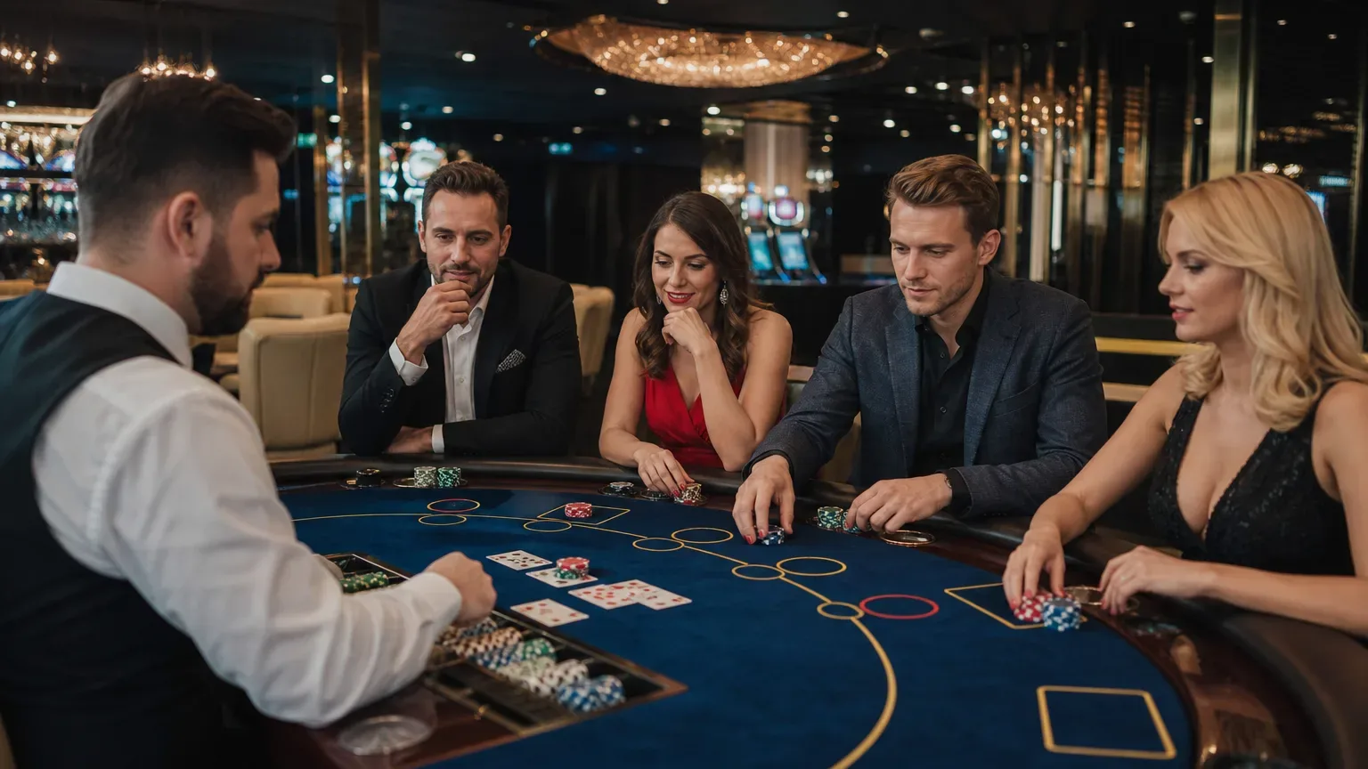 Four elegantly dressed players sit at a blue felt casino card table with chips and cards, facing a dealer.
