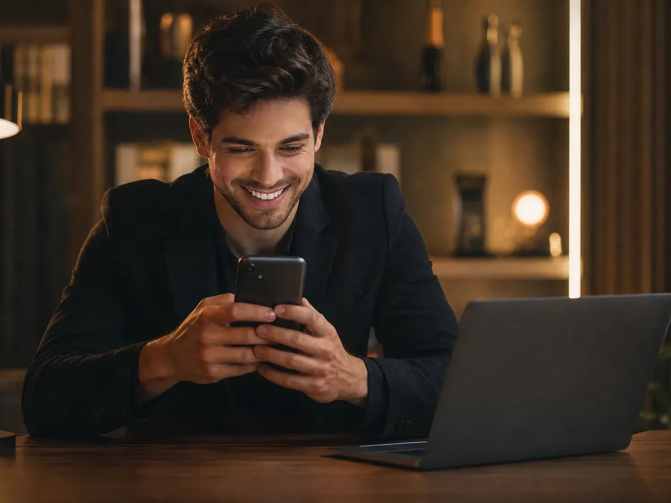 A smiling person in a dark blazer reads their phone at a desk with a laptop, in a warmly lit room.