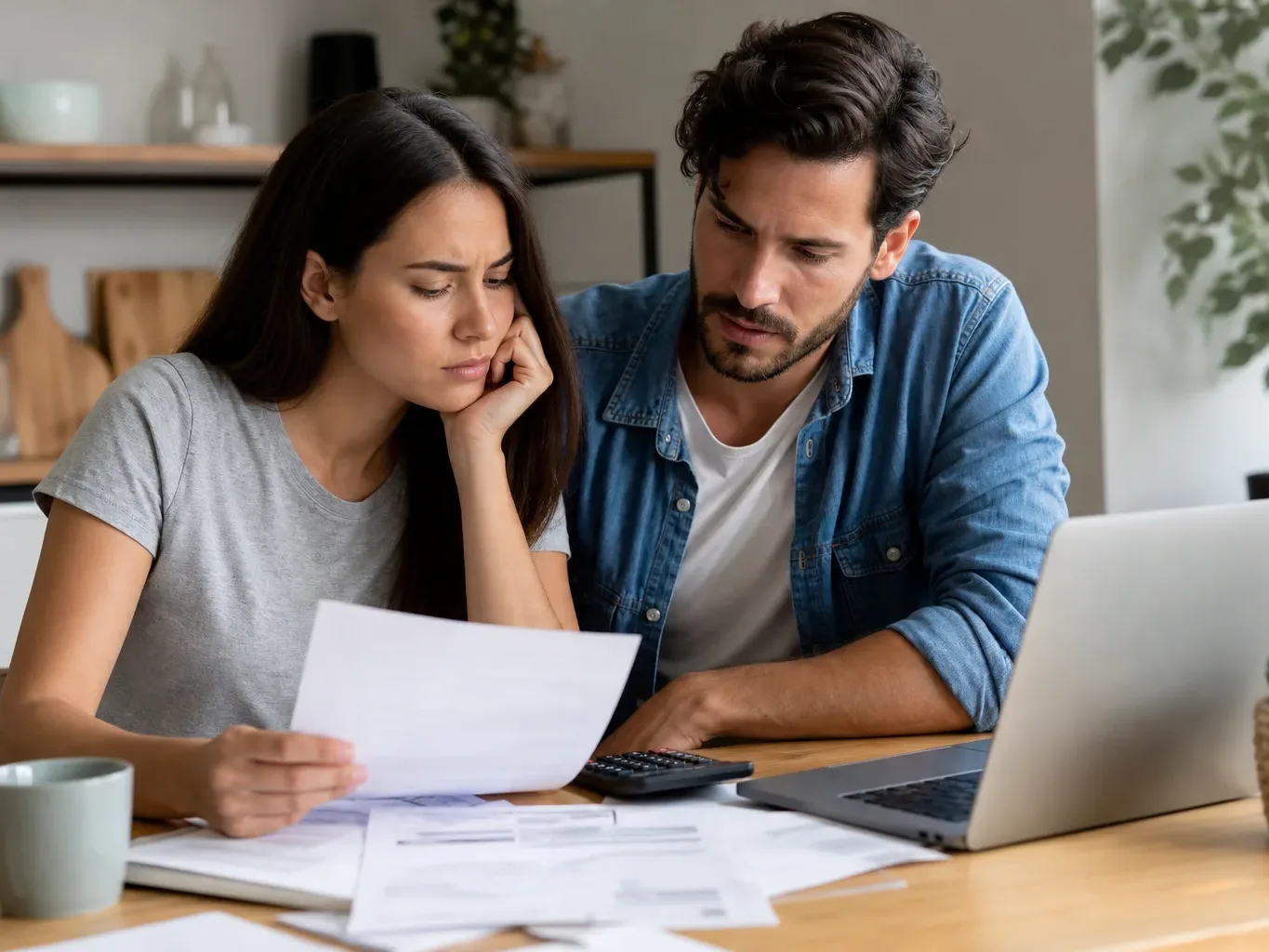 Two people sit at a home table reviewing paperwork together, with a laptop and calculator nearby.