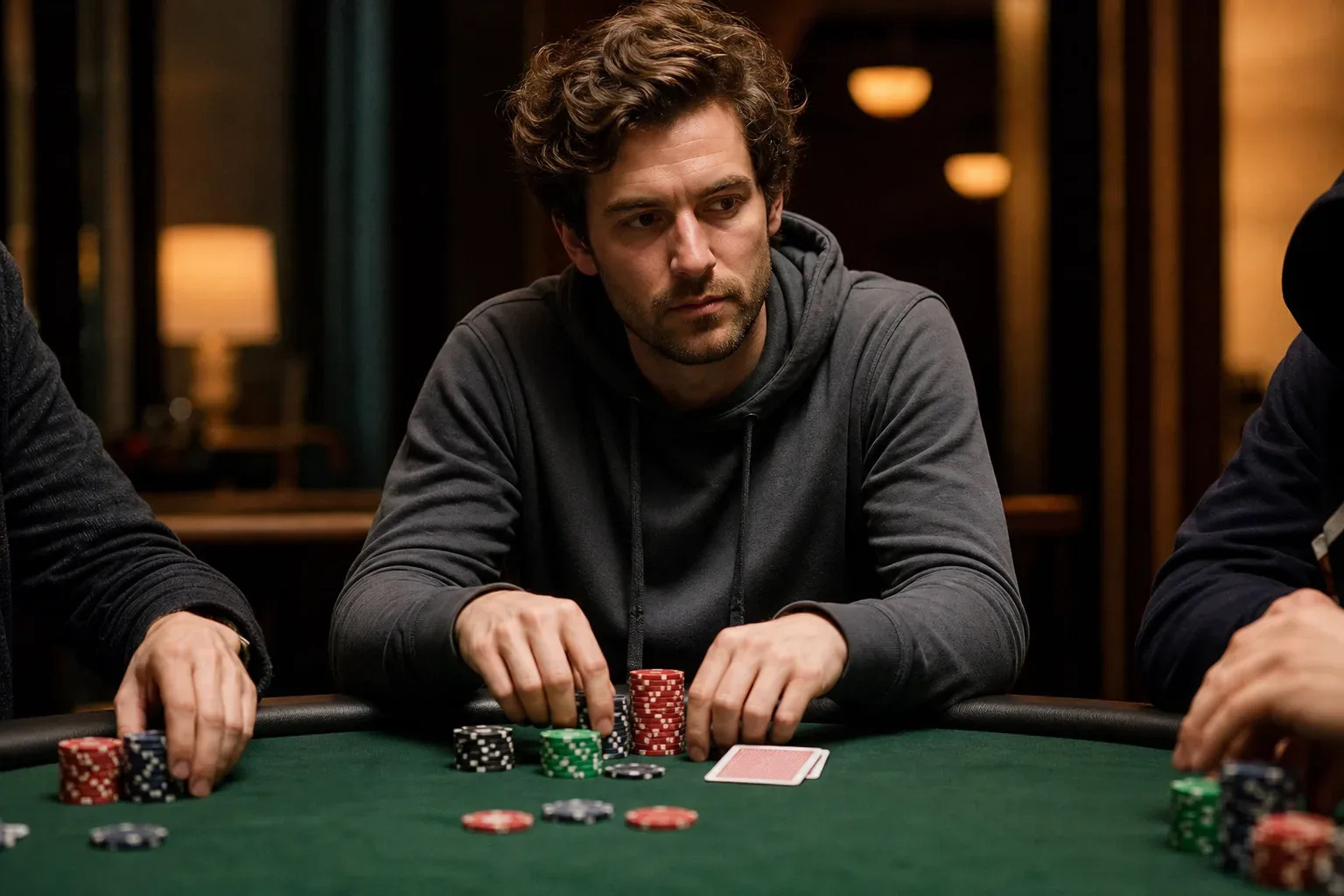 A person in a grey hoodie leans over a poker table, handling stacks of coloured chips beside two face-down cards.