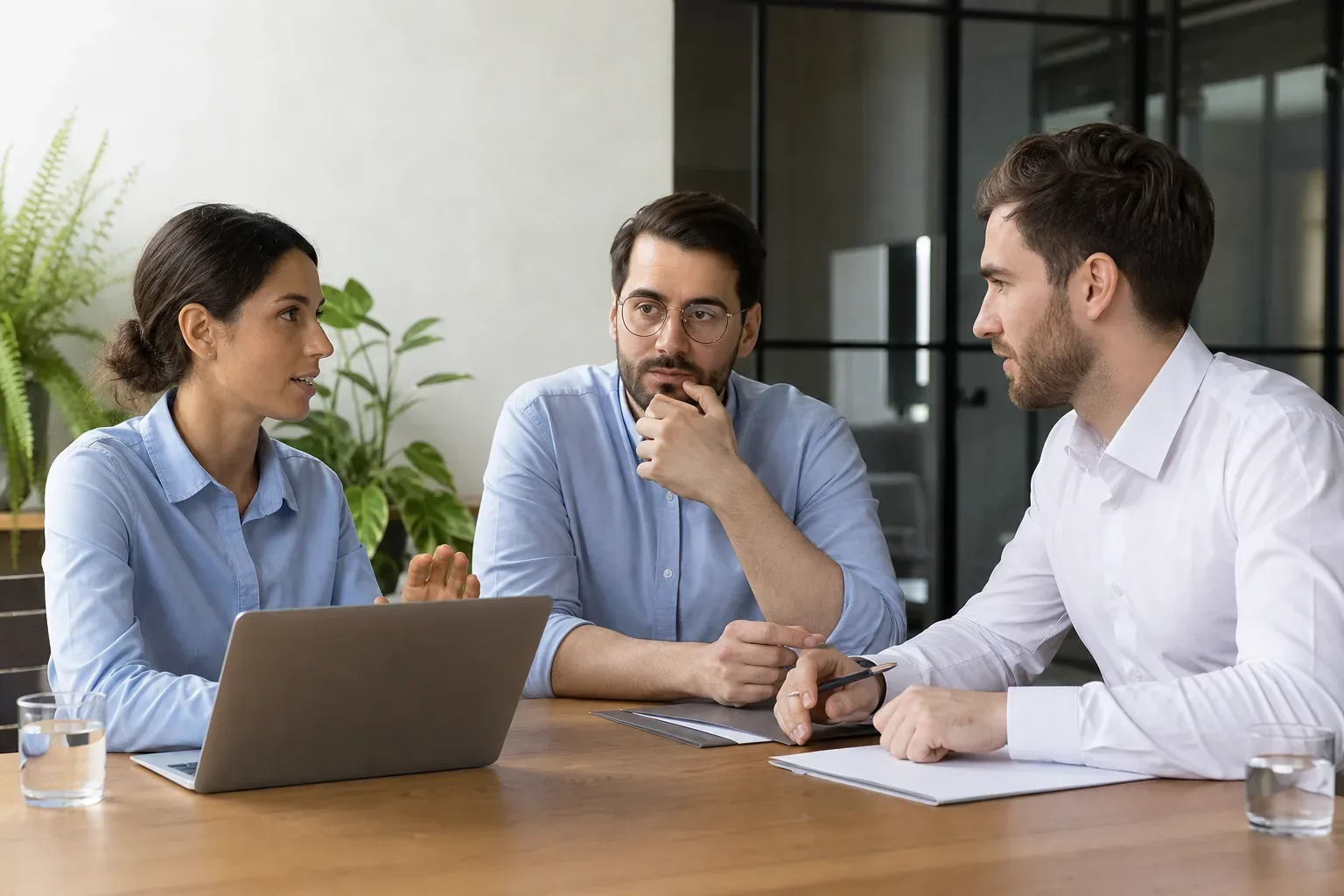 Three colleagues sit around a wooden table in discussion, with a laptop and glasses of water visible.