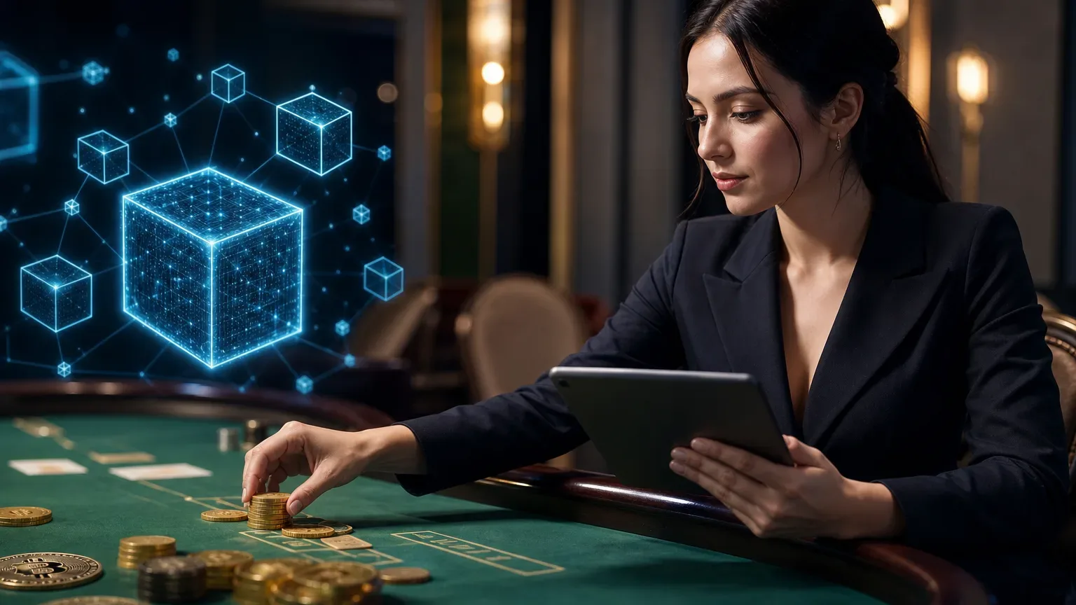 A person in a dark suit arranges gold coins on a casino table whilst holding a tablet, with glowing holographic cubes behind them.