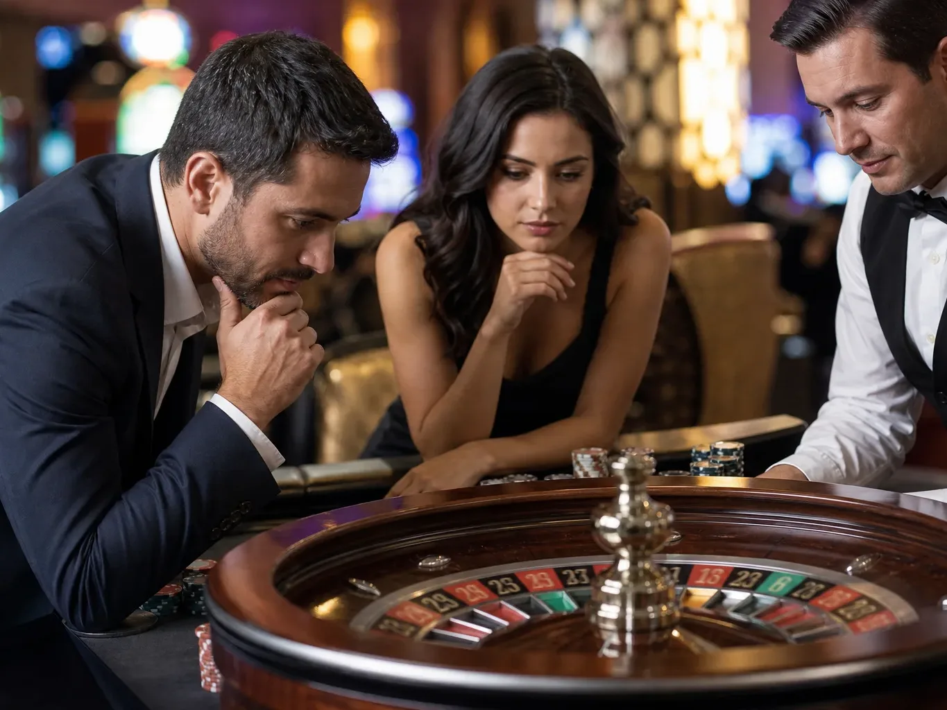 Two casino players lean over a roulette wheel intently while a dealer looks on in a busy casino.