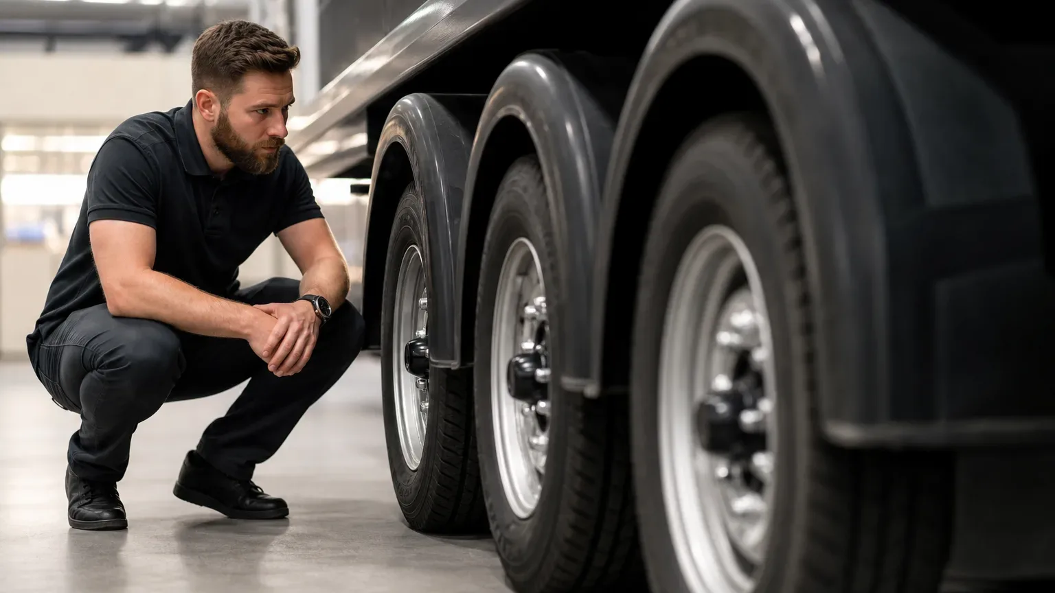 A person crouches to inspect the tyres on a large trailer inside an industrial building.