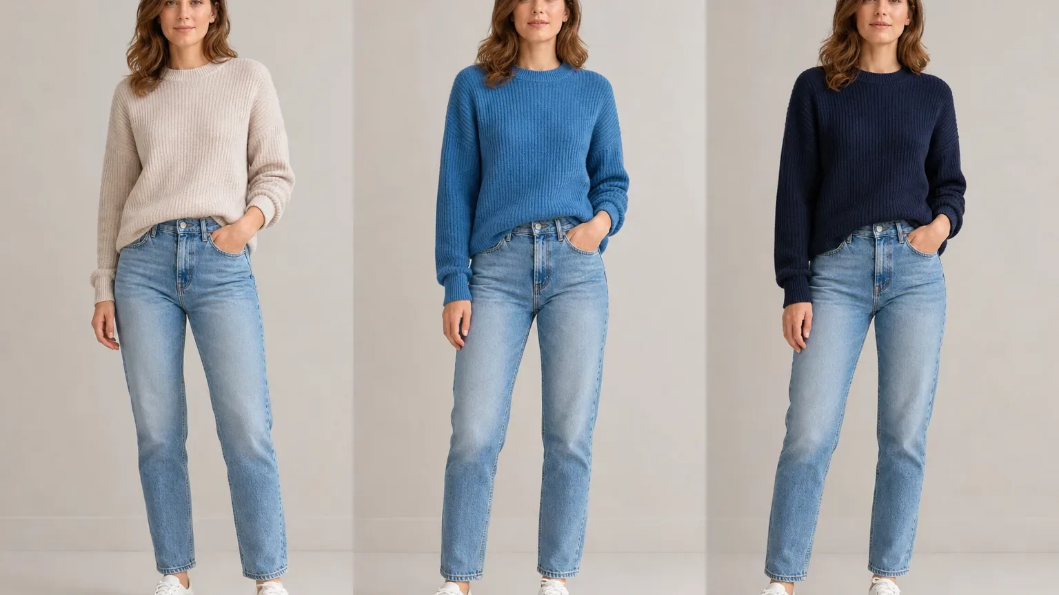 Three views of a person wearing light blue jeans, white trainers, and crew-neck jumpers in beige, blue, and navy.
