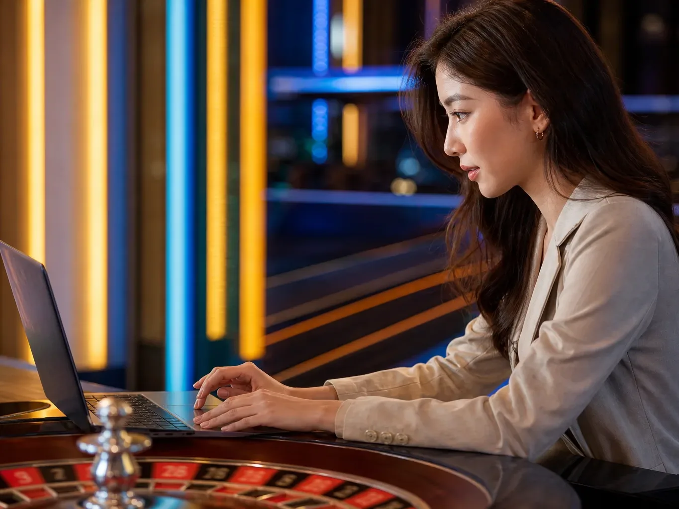 A person in a blazer types on a laptop at a roulette table in a neon-lit casino.