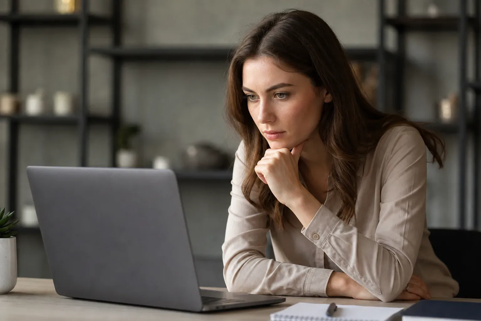 A person sits at a desk, resting their chin on their fist whilst gazing intently at an open laptop.
