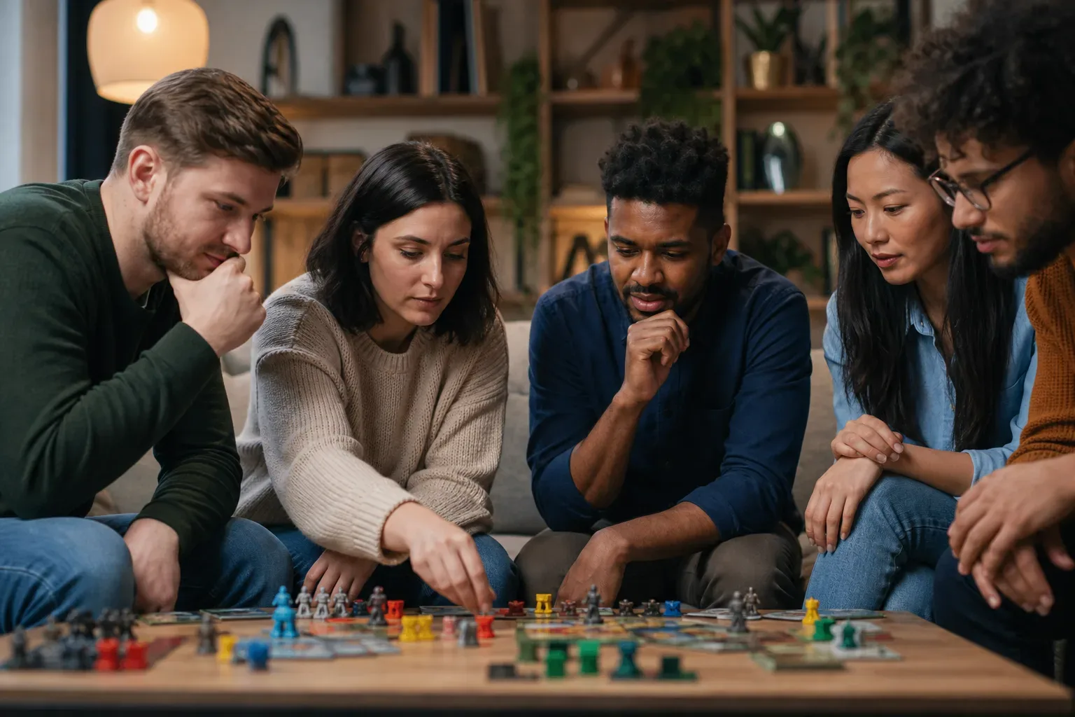 Five people gathered around a coffee table in a living room, focused on a colourful board game with miniature figures.