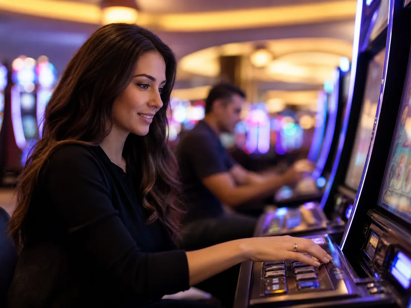 A person in a black top smiles whilst pressing buttons on a slot machine in a casino.
