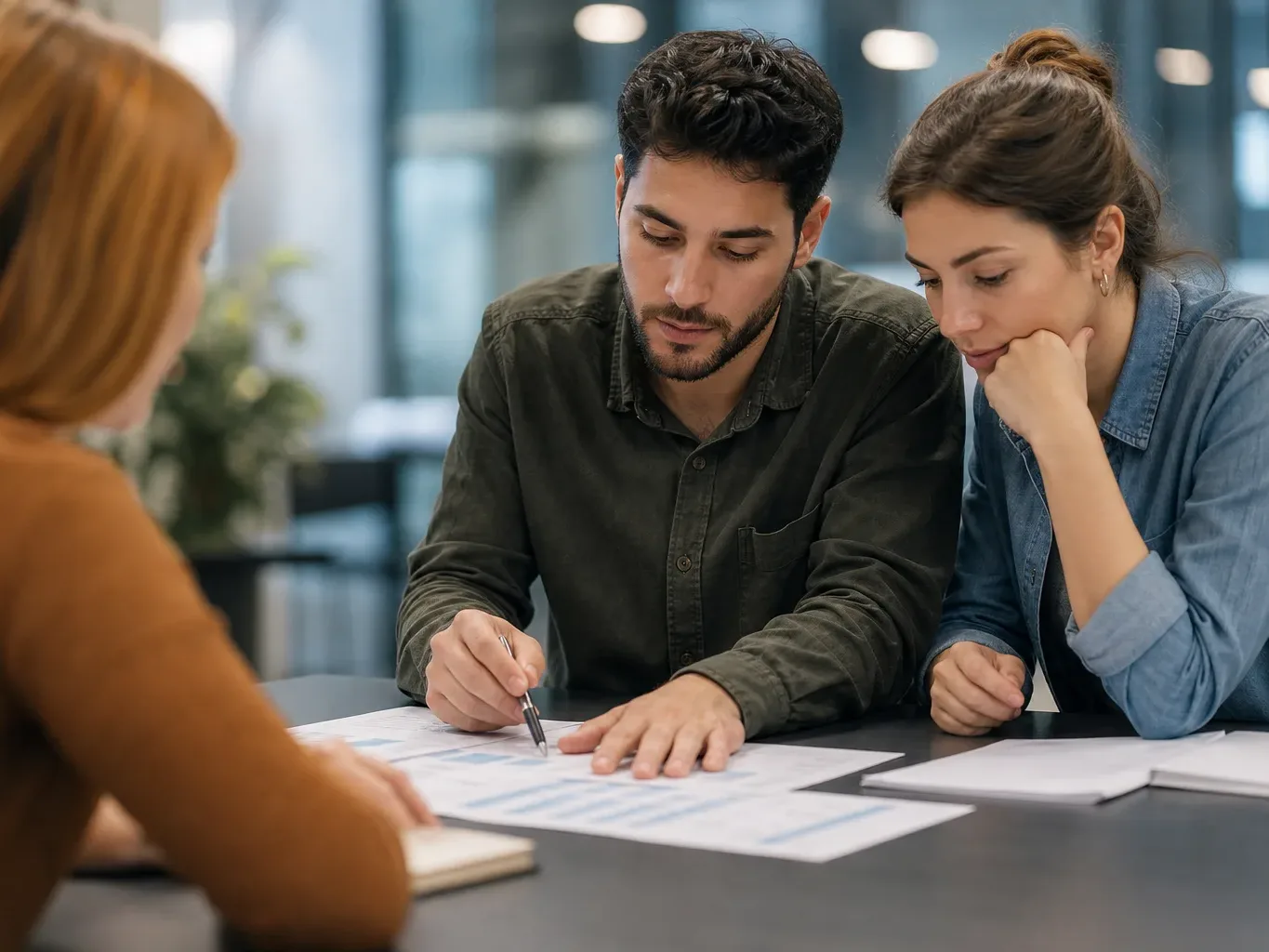 Three people sit at a table reviewing printed documents together in a modern office setting.