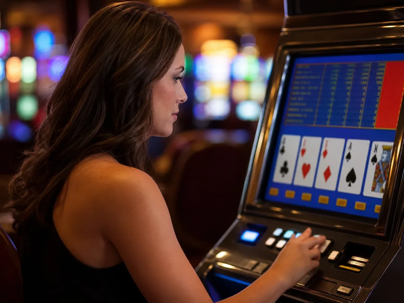 A person in a black dress plays a video poker machine in a casino, with slot machines visible in the background.