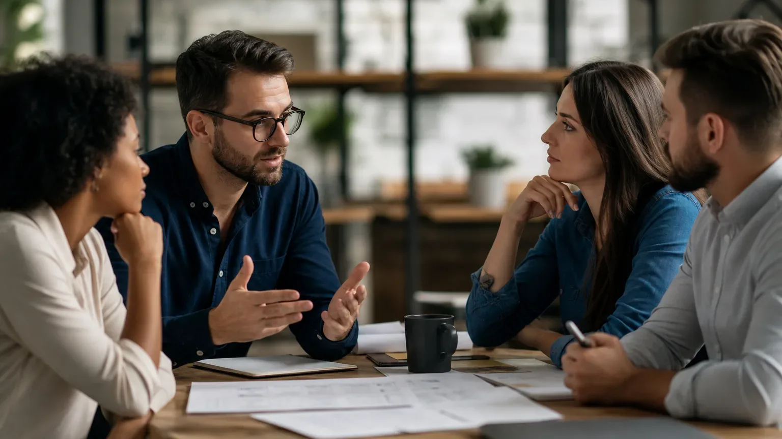 Four people sit around a wooden table in a modern office, engaged in a discussion with documents spread before them.