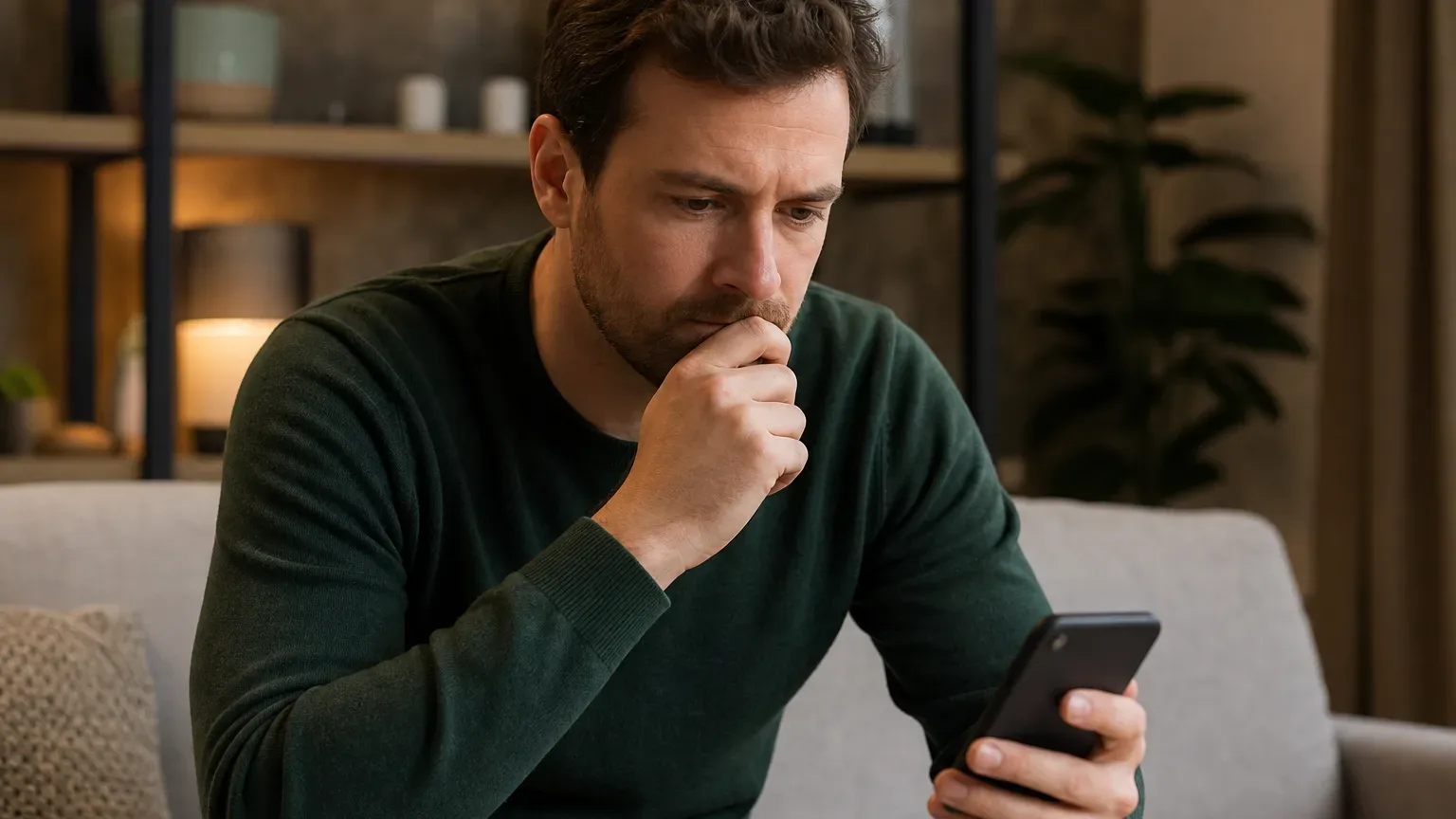 A person sits on a sofa, frowning at a smartphone they are holding, with one hand raised to their chin.